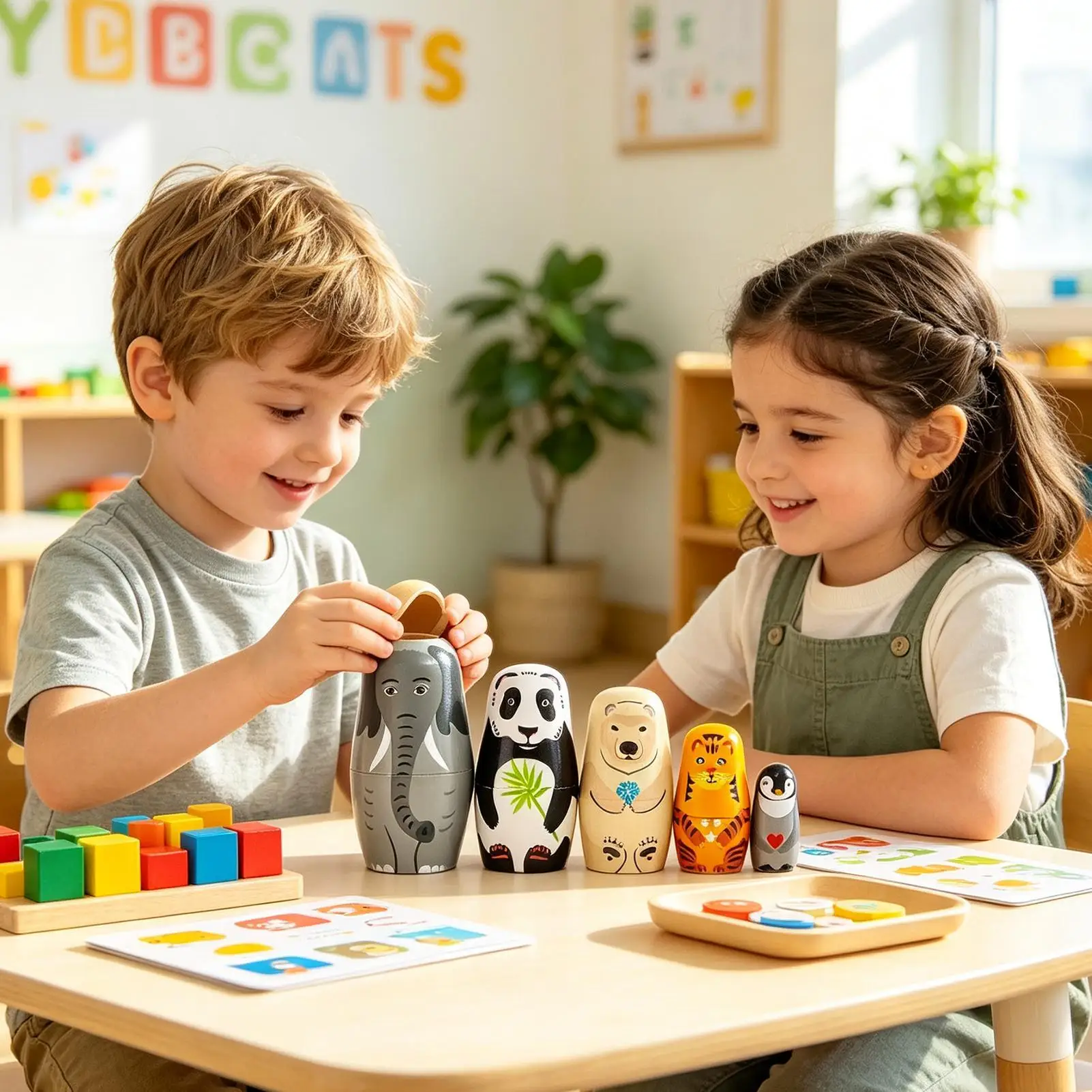 Nesting Dolls Funny Handmade Collectible Wooden Toys 5-Piece Animal Dolls Home Decor For Adults Kids Boys Girls Bedroom Table