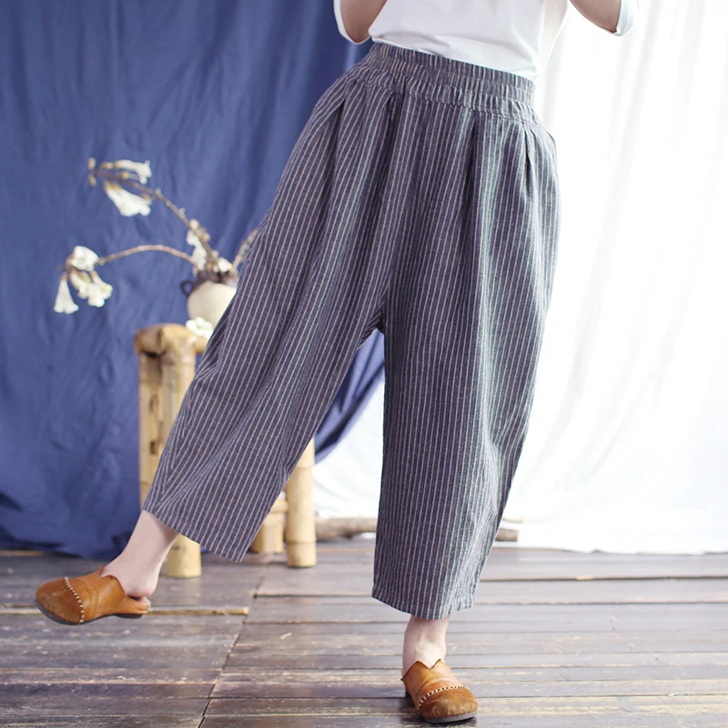 Damskie bawełniane lniane spodnie na co dzień New Arrival 2025 lato w stylu Vintage w paski luźne kobiece spodnie haremowe do kostek M1389