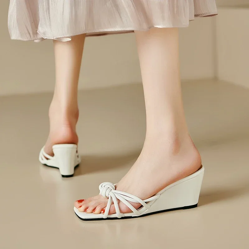 2024 Summer Fashion Wedge Open Toe Slide Sandals Women Narrow Band Elegant High Heels Slippers Women Chunky Flip Flops Sandalias