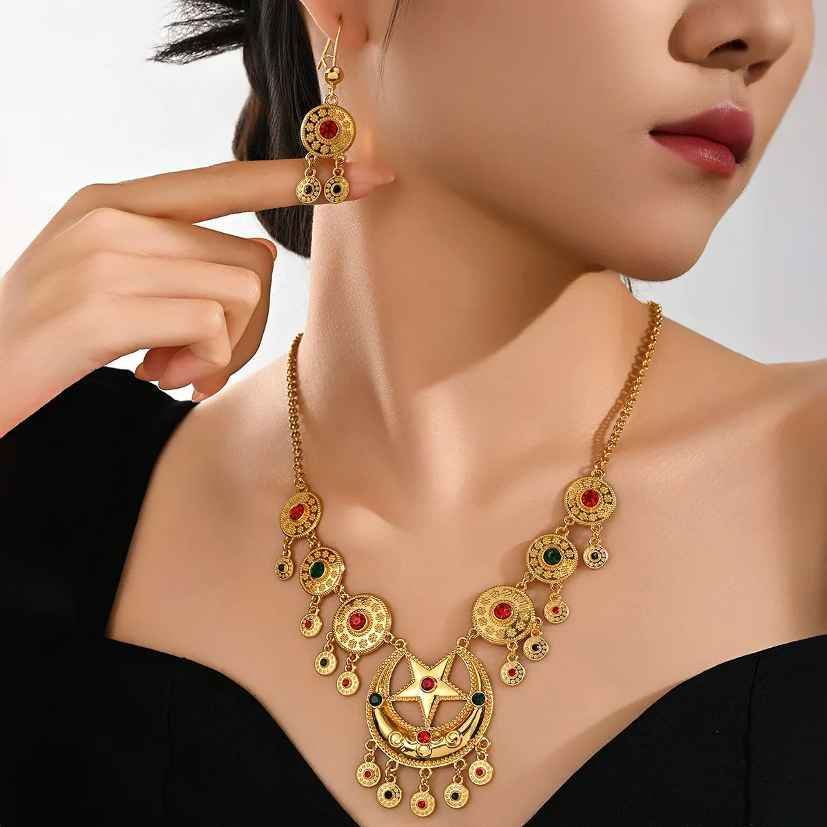 9999 Gold Arabian Star and Moon Necklace Earrings Set - Ethnic Style Women's Jewelry Luxury Accessories