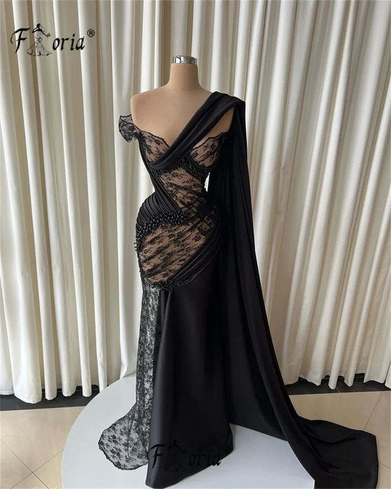 Black Mermaid Evening Dresses with Long Cape Arabic Beaded Lace Long Prom Party Gowns See Through Custom Made vestidos de festa