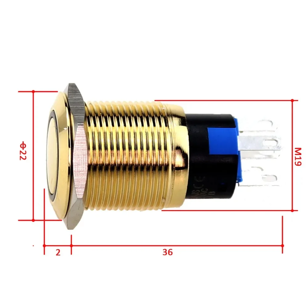 19mm Self Lock Momentary Gold Plated Brass  Push Button Light Switch 12V 24v 224V Blue Red Lamp