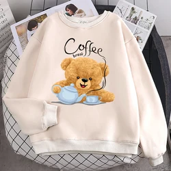 Street Casual Womens Sweatshirt Coffee Break Teddy Bear Making Coffee Print Hoodies Loose Soft Pullovers Crewneck Fleece Clothes