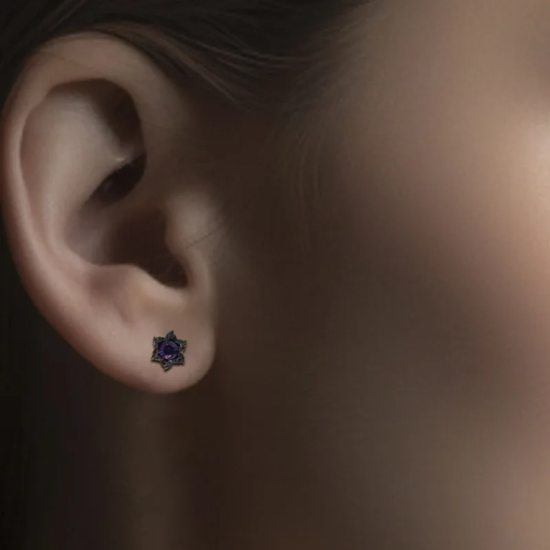 Vintage Round Inlaid Purple Stone Flower Stud Earrings Geometric Black Color Earrings for Women Jewelry Valentine's Day Gift