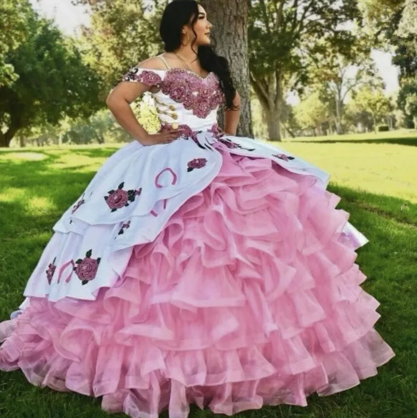 Customized White Pink Charro Queen Quinceanera Dress Princess Off Shoulder 3D Floral Applique vestidos de 15 quinceañera mexican