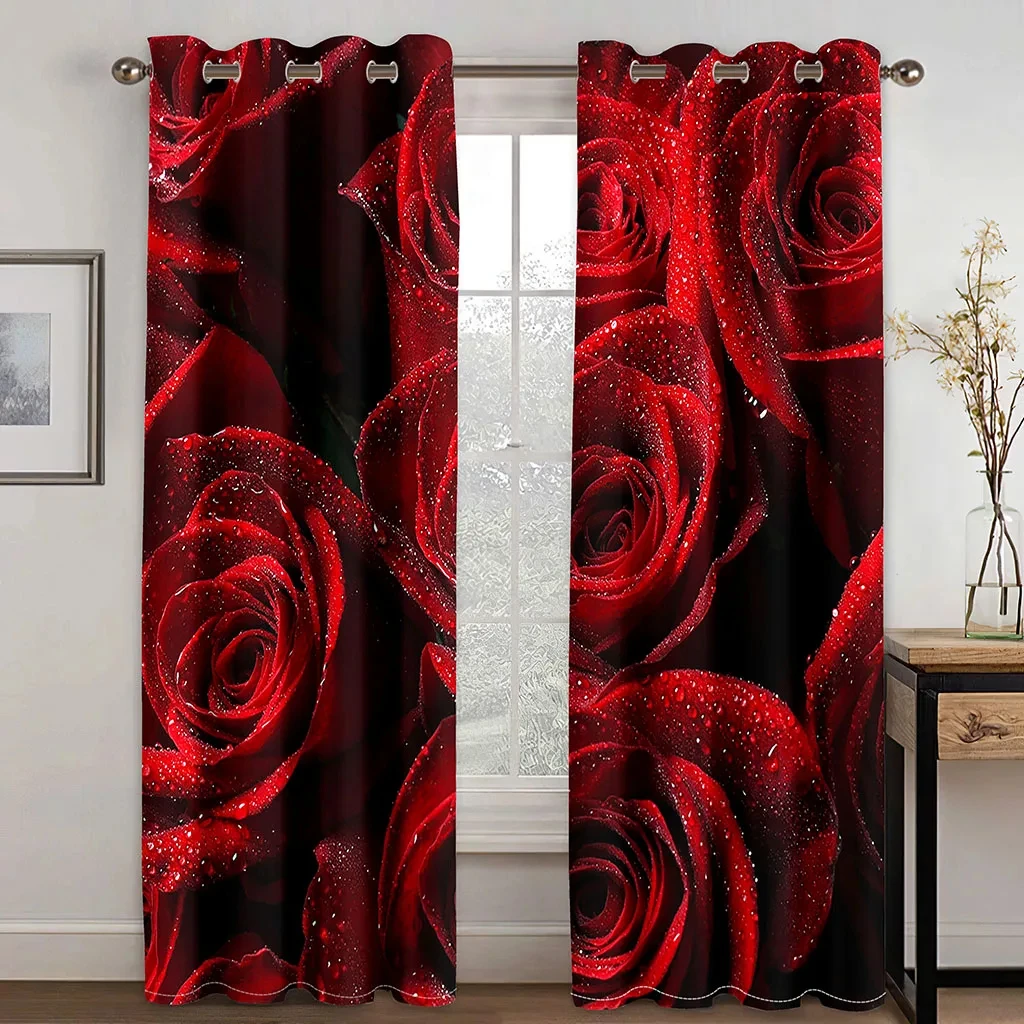 Modern Valentine\'s Day Rose Red Flowers Curtains For Lovers Bedroom Window Curtain For Living Room Curtains Drapes 2Panels