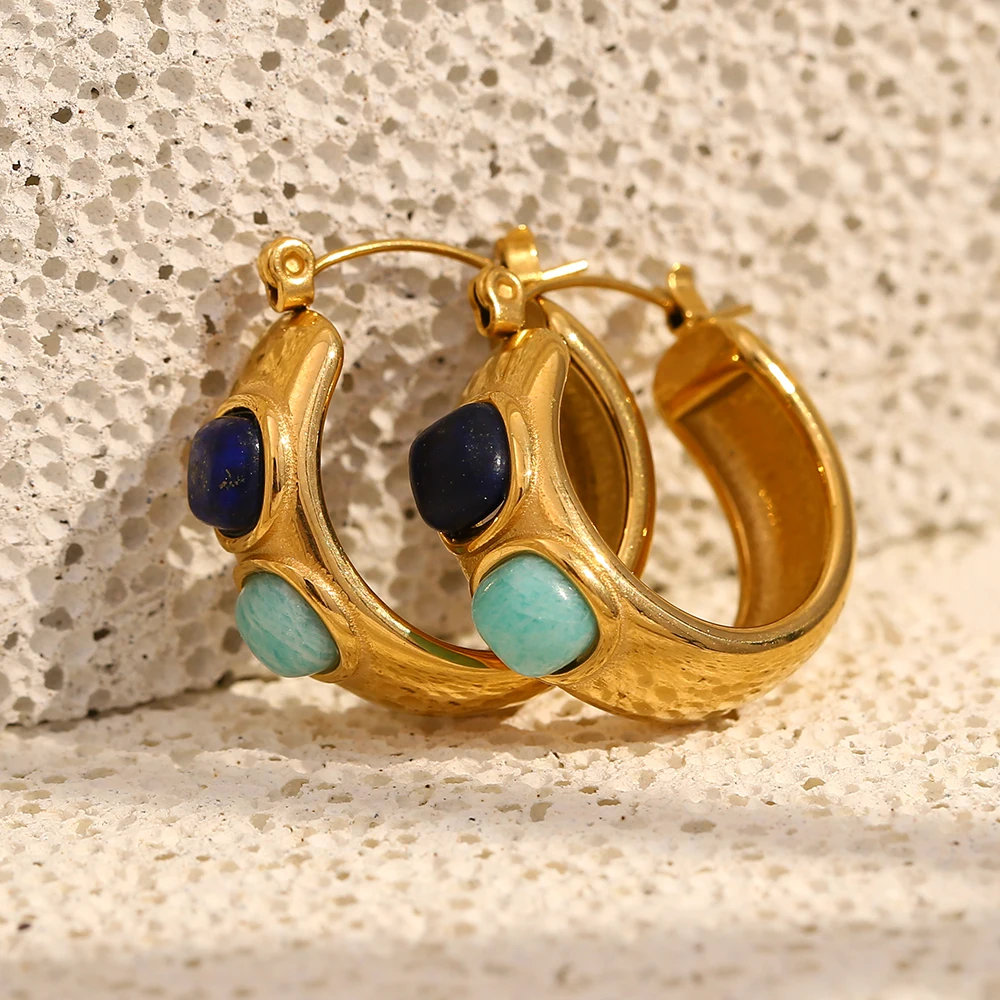 E.B.belle Lazurite Turquoise Natural Stone Round Hoop Earring Stainless Steel 18K Gold Fashion Jewelry For Women Girl Waterproof