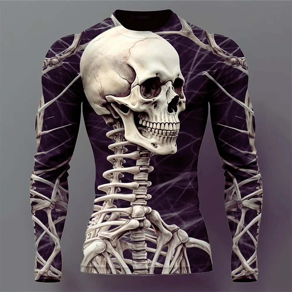 Fashion Bones Pattern Men's Long Sleeve T-shirt Casual O-neck Cotton Loose Tops Funny 3D Skull Print Tees Spring Autumn Clothing
