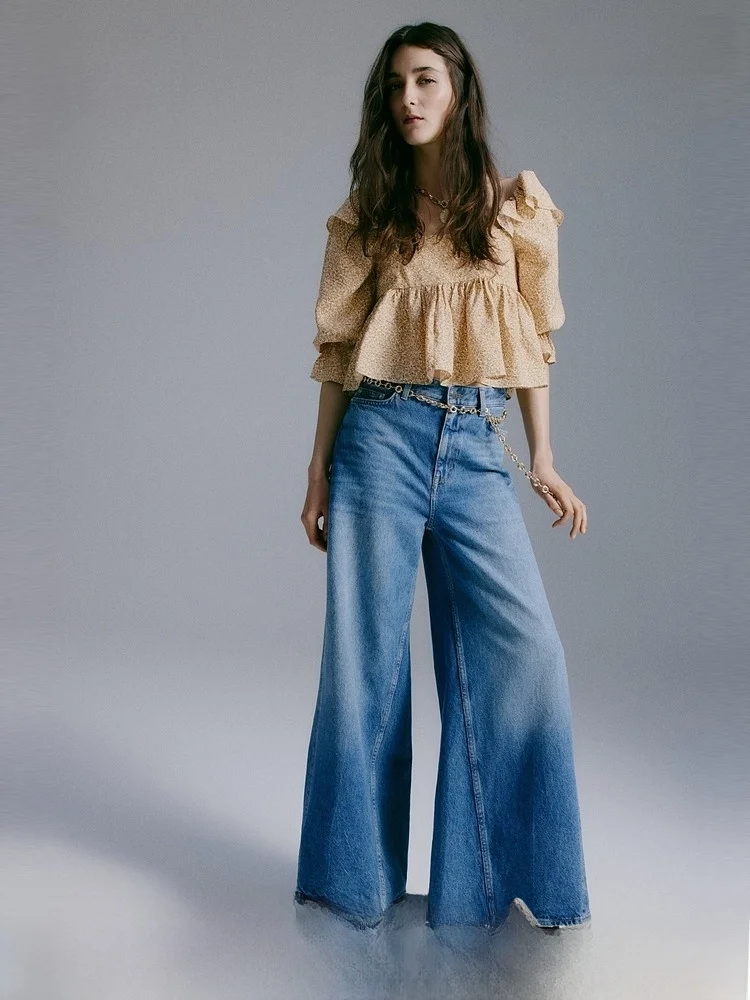 

Spring New Arrival Women's irt Ruffle Hemline Vintage Sle Long Sve Nylon And Viscose Fiber Square Collar Casual Top