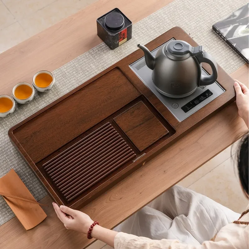 Automatic Kung Fu Tea Set with Integrated Water Tray Household Electric Kettle Small Tea Table Modern Design for Home Office