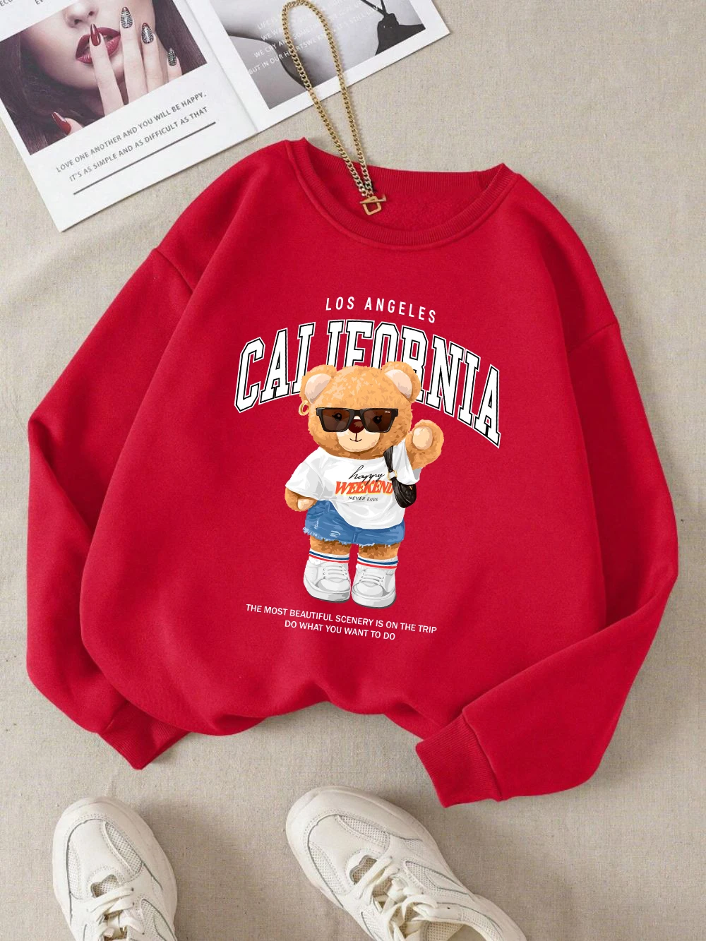 الخريف الشتاء المرأة السترة كاليفورنيا رسالة الاتجاه الدب الطباعة هوديي فضفاض Crewneck الدافئة بلوزة من الصوف ملابس الشارع