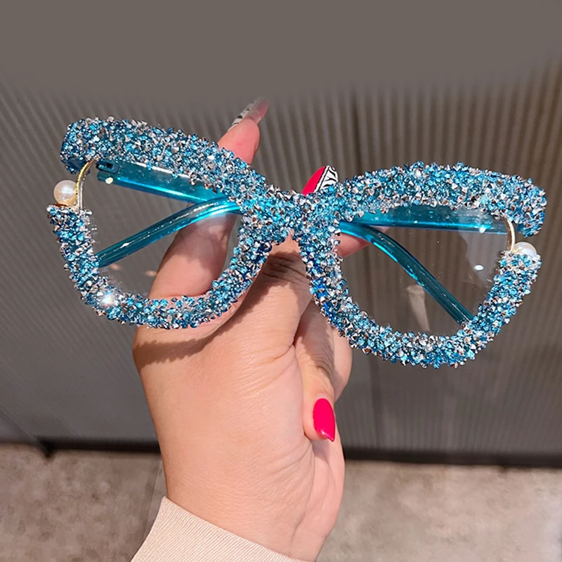

New Trendy Candy Colored Large Frame Pearl Rhinestone Decoration Oversized Personalized Anti Blue Light Glasses Women Eyewears