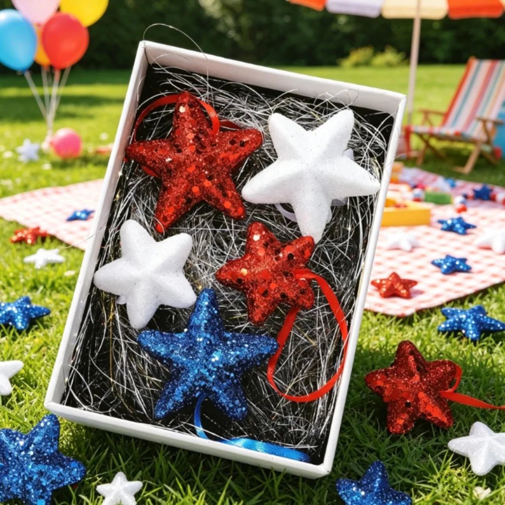 Red White Blue Patriotic Star Decorations 36pcs Foam Hanging Ornaments with Strings for 4th of July Indoor Outdoor Use