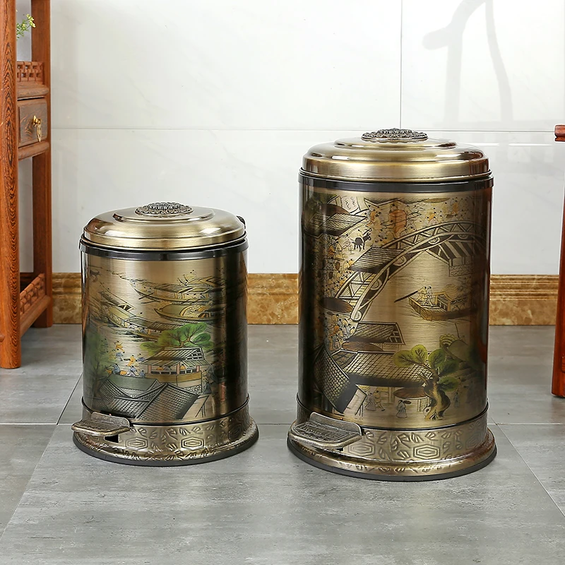 Chinese-inspired Vintage-style Waste Bin with Lid for Home Use Premium Luxury Design Prullenbak Keuken Household Merchandises