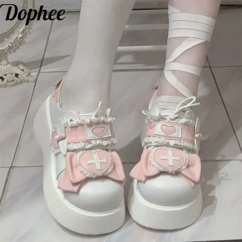 

Dophee Original Subcultural Cute Lolita Platform Shoes Women 2024 New Cross Bow Round Toe School Students Thick Soled Shoes