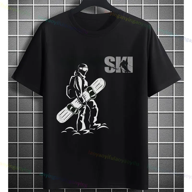 Fun Ski Tee Skiing Funny Snowboard Graphic T-shirt Casual Short-sleev Round Neck Pure Cotton Tee Humor Style Outdoor Clothing