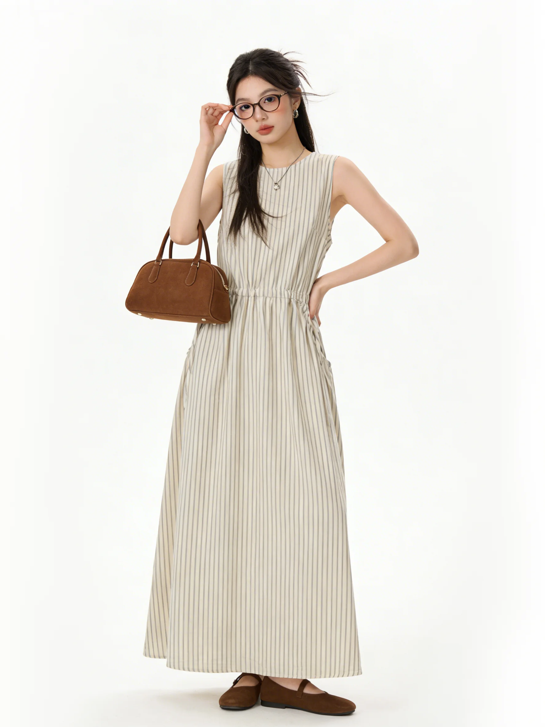 

Винтажное платье-жилет Hebe Style с вертикальными полосками, женское, с завязками на талии, из хлопка и льна, А-силуэт, длинное летнее платье