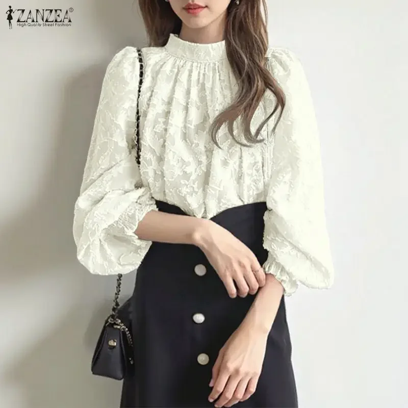 

Модная блузка ZANZEA: Элегантная офисная женская рубашка с плиссированным воротником-стойкой, длинными рукавами, стильный топ, весна 2026, женские блузы