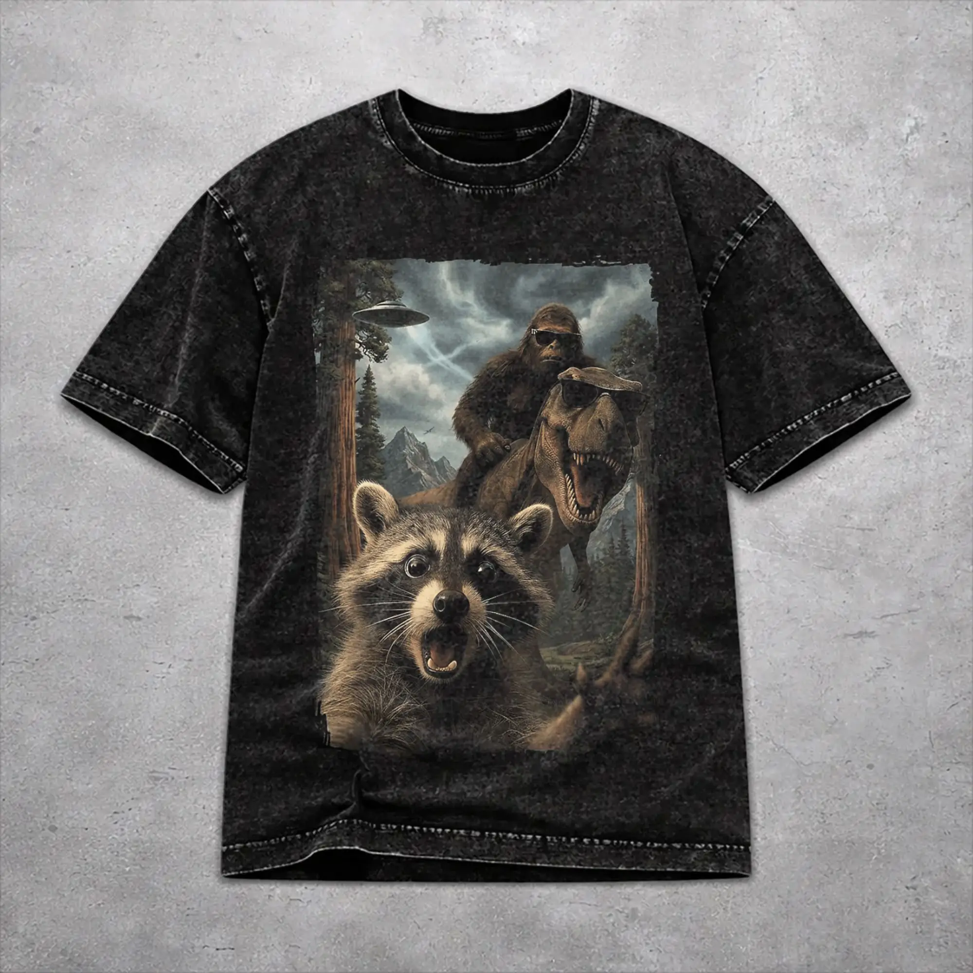 Fashion Men Women Funny Bigfoot Ride Dinosaur Raccoon Tee Shirt Washed Style  T Shirts Clothes