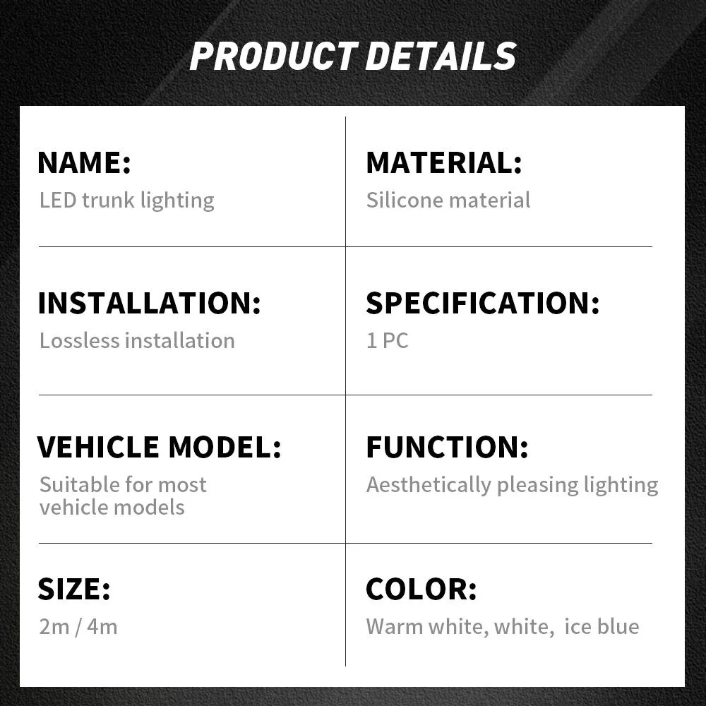12V LED Rear Trunk Brighten Light Strip White 2M/4M Modified Lighting Waterproof Flexible Light Car Atmosphere Lamp image 5