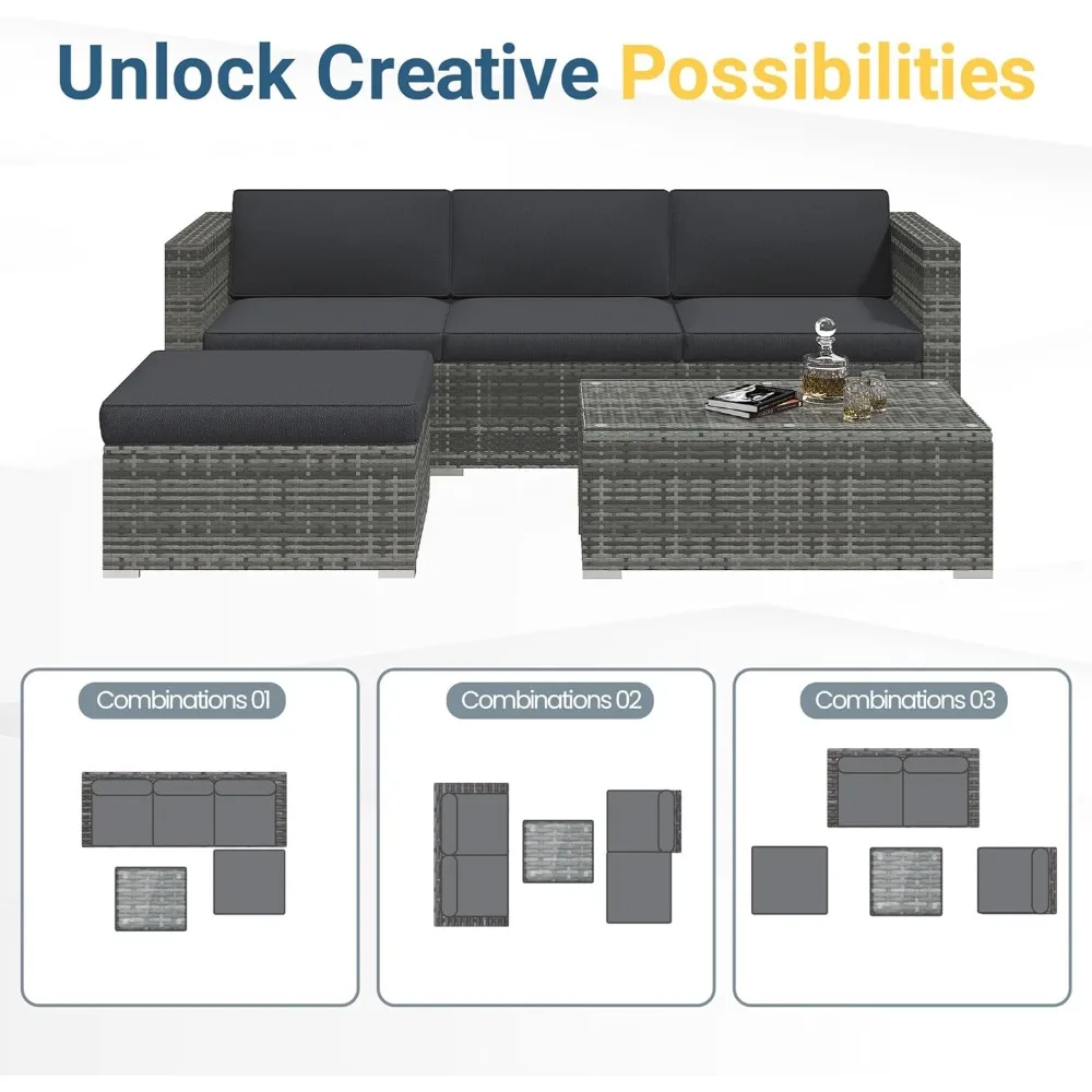 5 Piece Outdoor Patio Furniture Set, All Weather Wicker Rattan Sectional Sofa Conversation Set with Cushions & Large Glass Coff