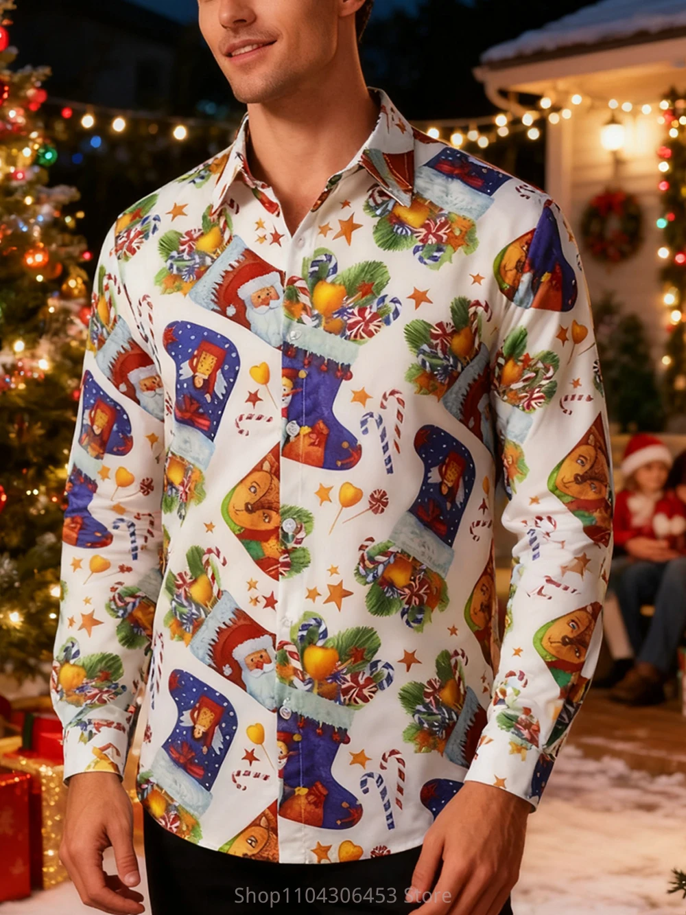 

Men's Christmas Hat Socks Gift 3D Printed Shirt Short Sleeve Lapel Family Party Hawaiian Beach Vacation Casual Outdoor Shirt Top