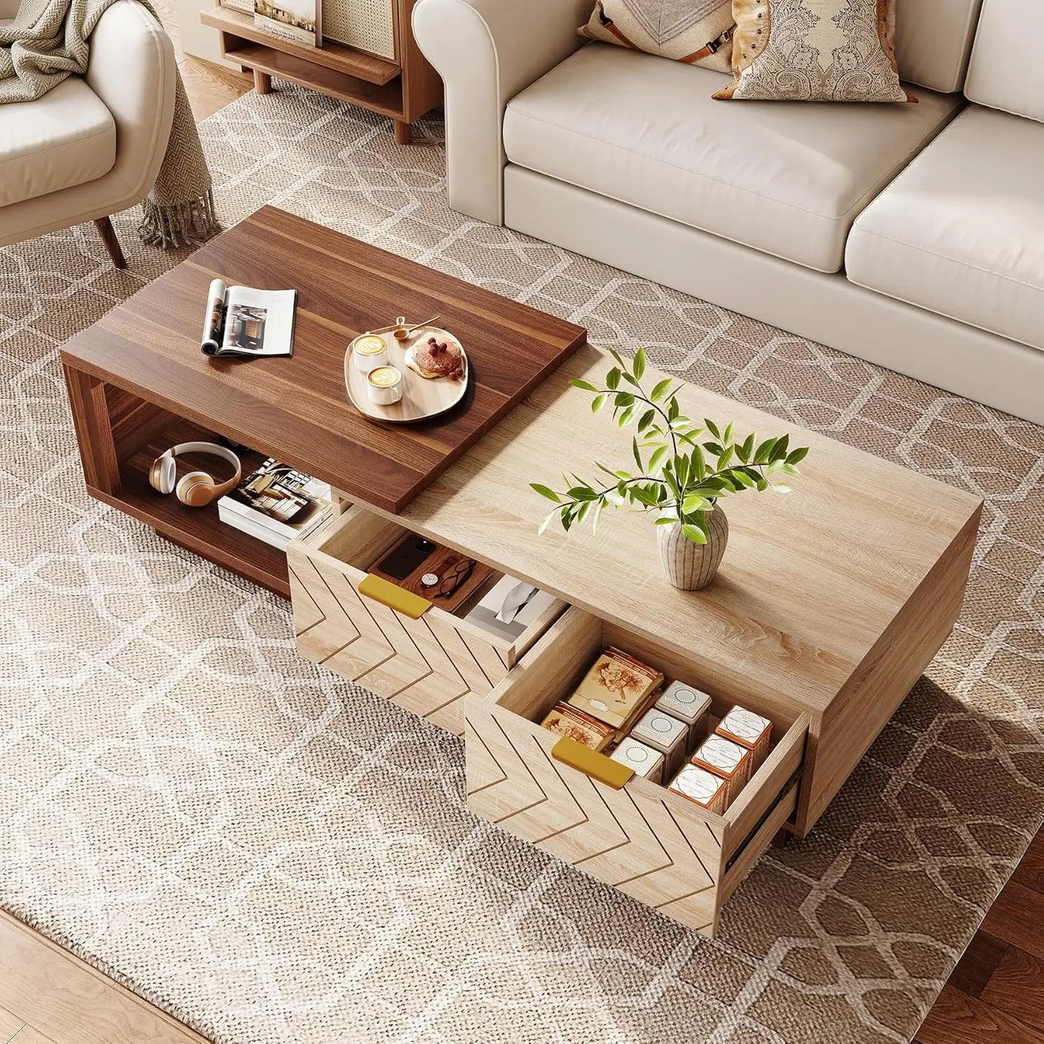 Table basse extensible en bois avec 2 tiroirs, table centrale de ferme rectangulaire peu encombrante, parfaite pour le salon et le bureau