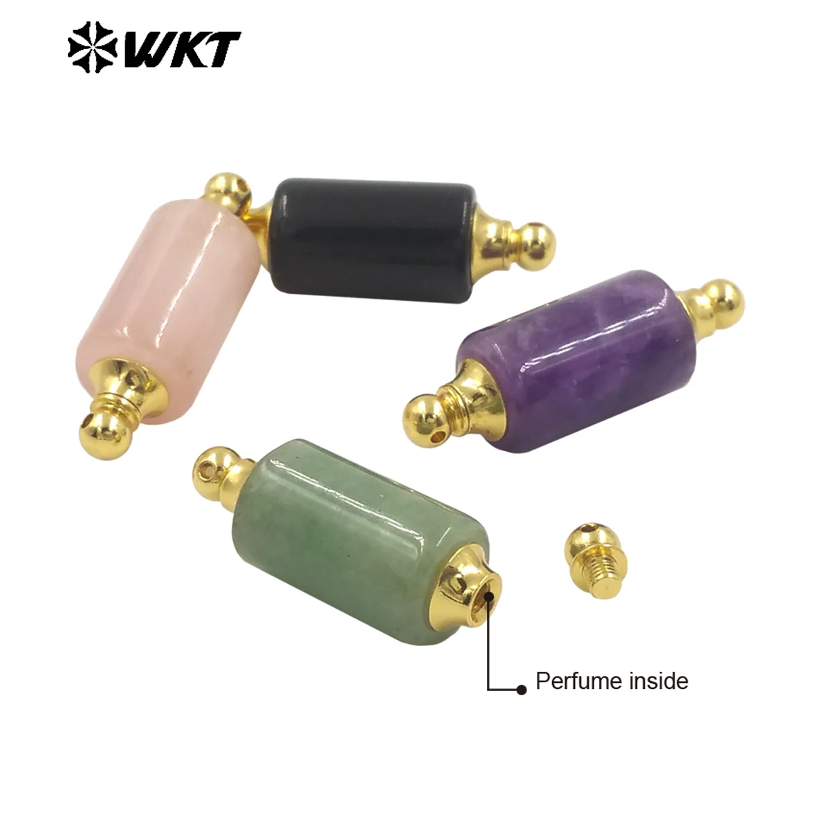 WT-P1981 New Arrival Unique Rolling Pin Design Colorful Gemstone Pink Quartz Stone Perfume Bottle Jewelry Finding Pendant