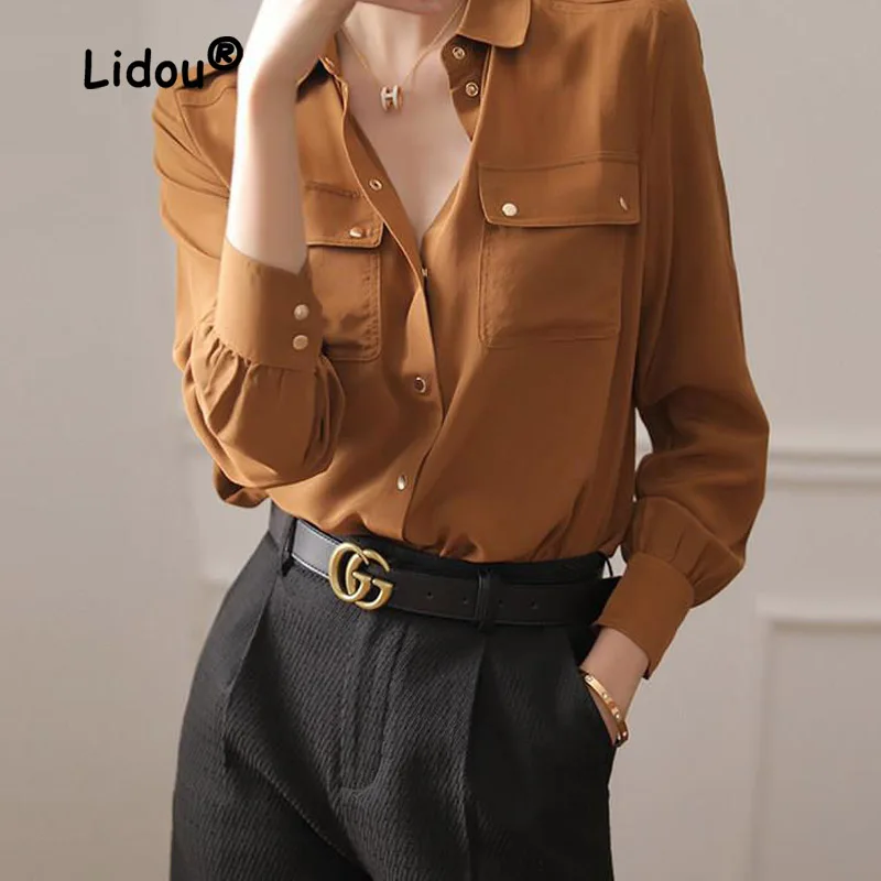 Spring Summer Women\'s Shirt Double Pocket Long Sleeve POLO Collar Single Breasted Loose Solid Professional Commuter Retro Top