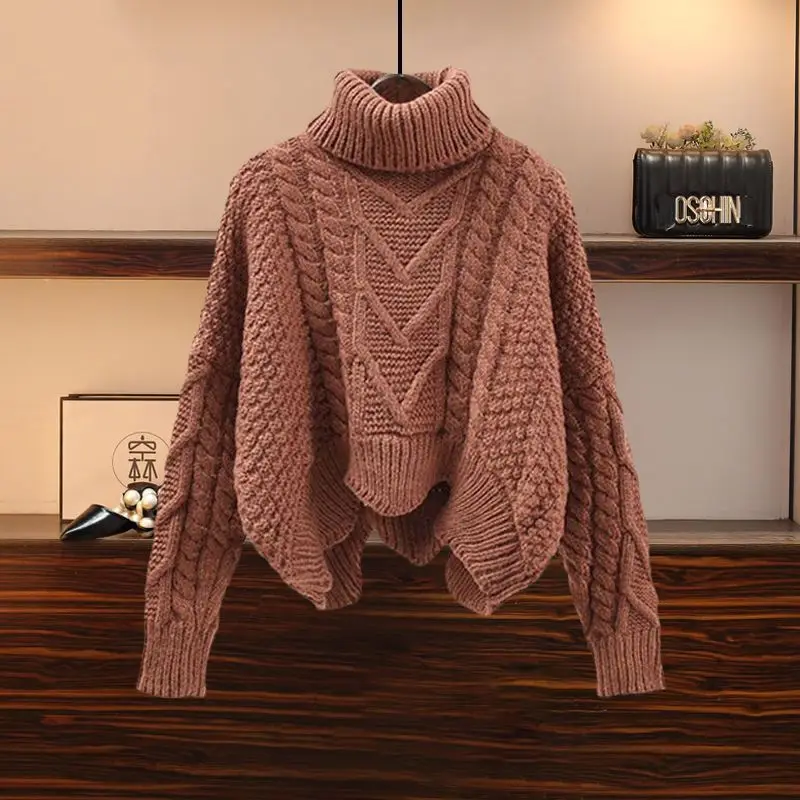 Winter Warm Two Pieces Sets For Women Outfits 2024 Turtleneck Pullover Knitted Twist Sweater+ruffles Patchwork Mesh Skirts Set