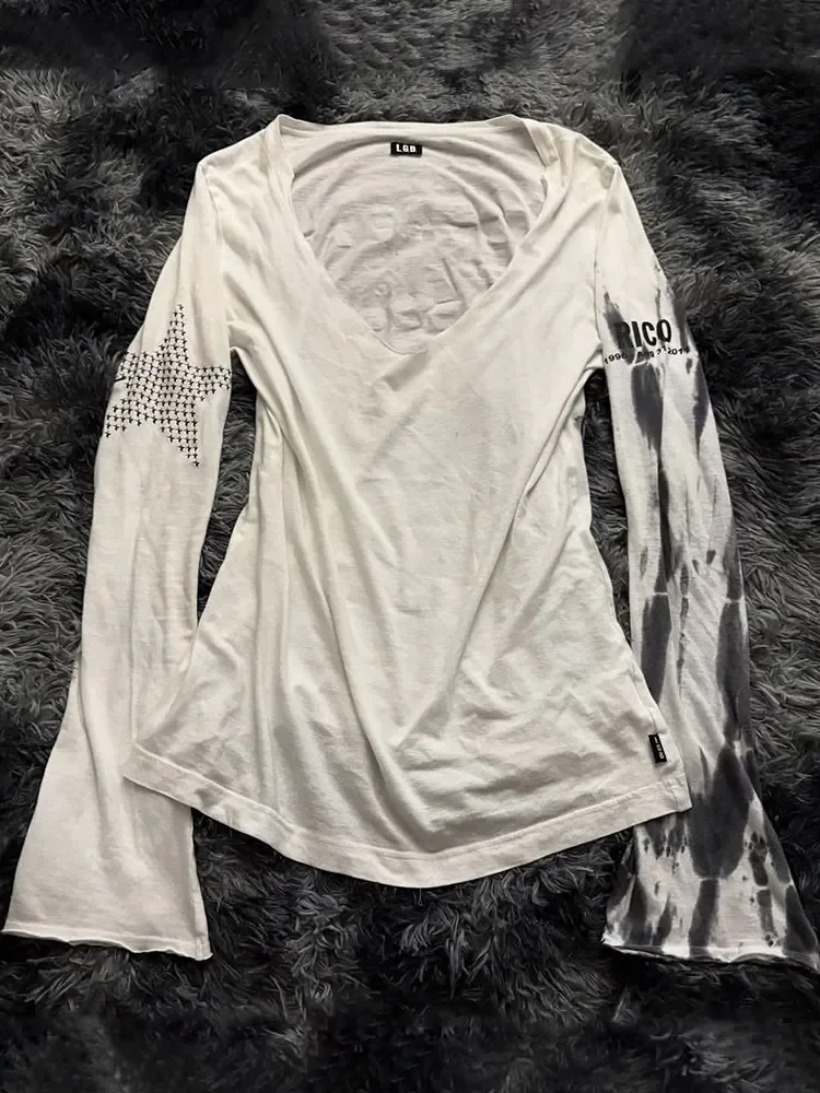 LGB visual sleeve splash ink print BLACK STAR rock style V-neck long-sleeved T-shirt