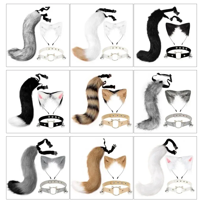 Faux Fur Kitten Wolf Long Tail Ears Hair Clips and Faux Leather Neck Collar Choker Set Halloween Party Cosplay Costume