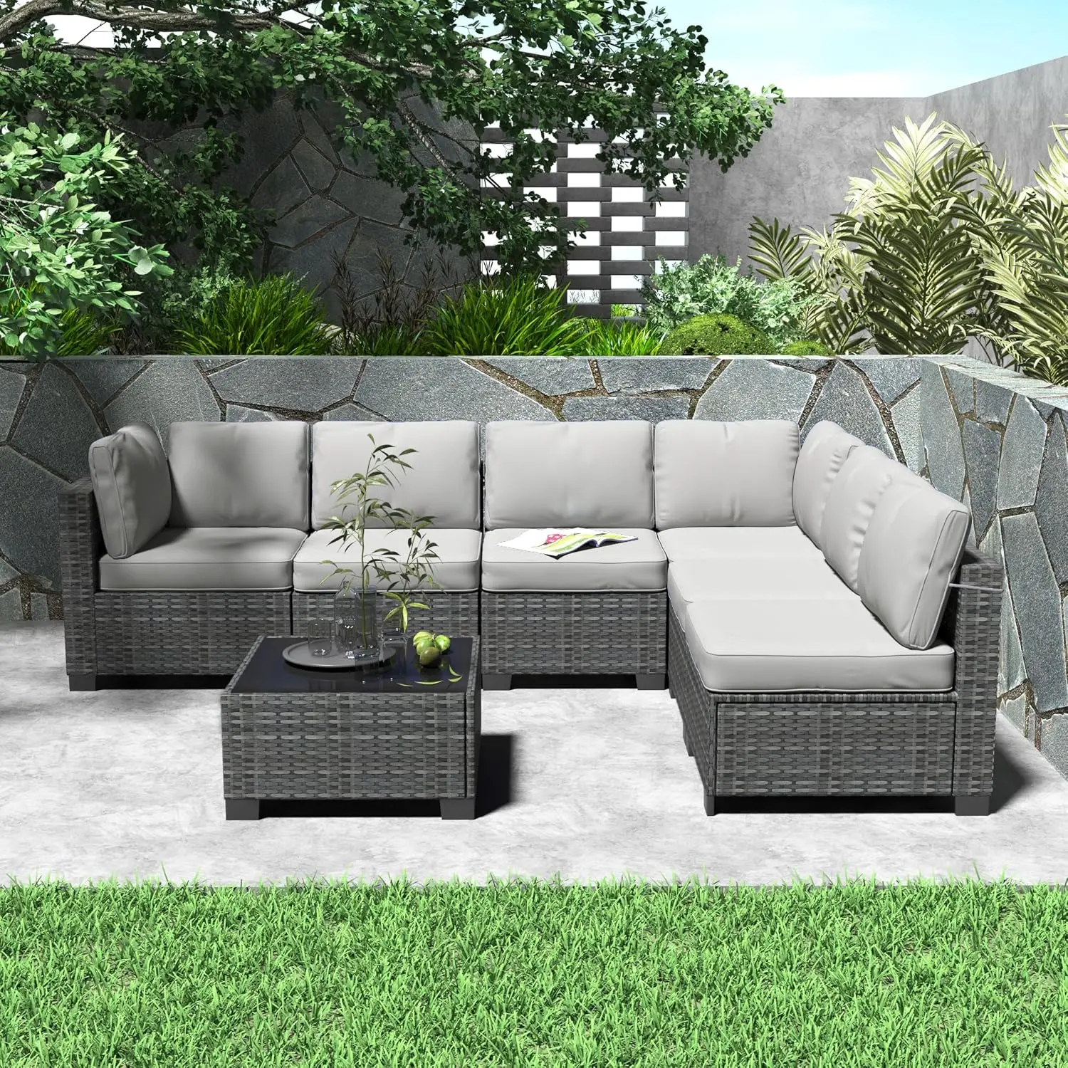 7 Piece Outdoor Wicker Sectional Sofa with Glass Table, All-Weather Rattan Patio Set with Washable Cushions, Customized
