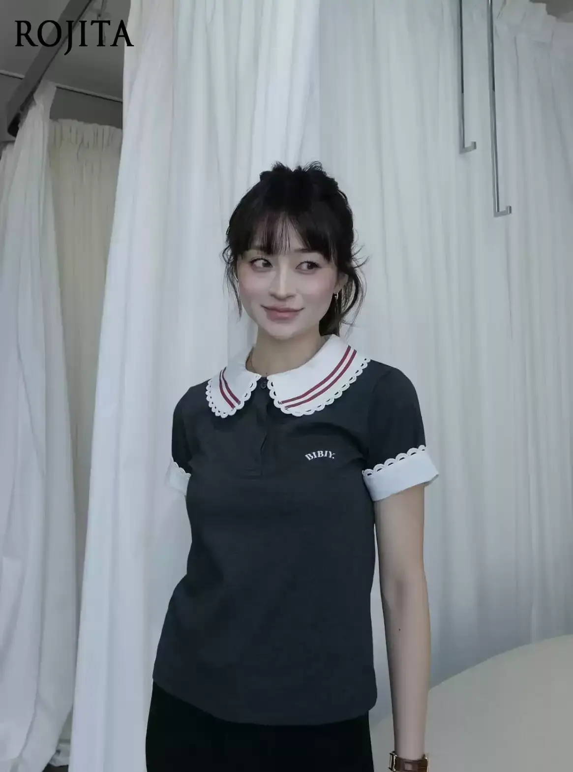 Japanese Sweet Detachable Lapel Patchwork Short Sleeve T-shirt with Lace Trim Slim Fit Everyday Top Women T Shirt