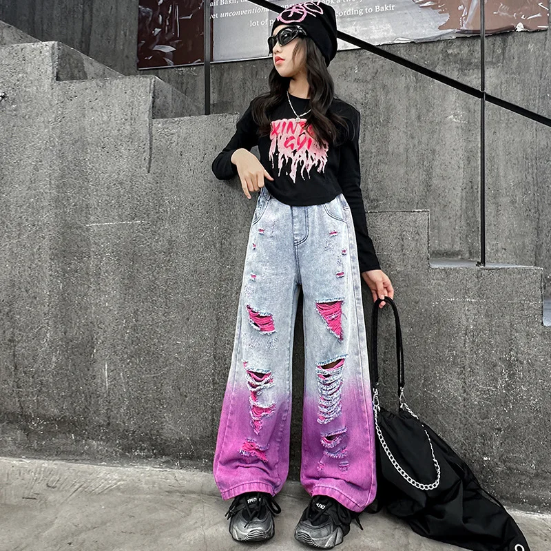 2024 Teenage Girls Hole Wide Leg Pants Fashion Loose Street Gradient Color Jeans for Kids Clothes 4-14Y School Children Trousers