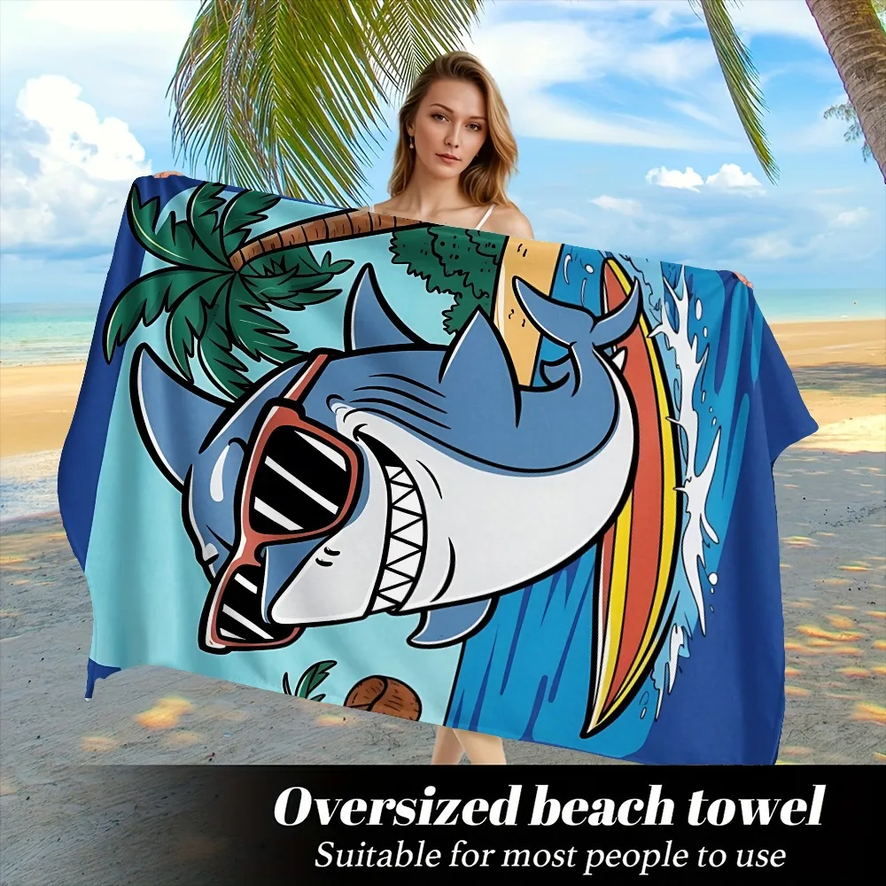 

Cute Cartoon Shark Surfing Beach Towel Polyester Quick Dry Sand Free Swimming Bath Towel for Kid Boys Girls Summer Pool Vacation