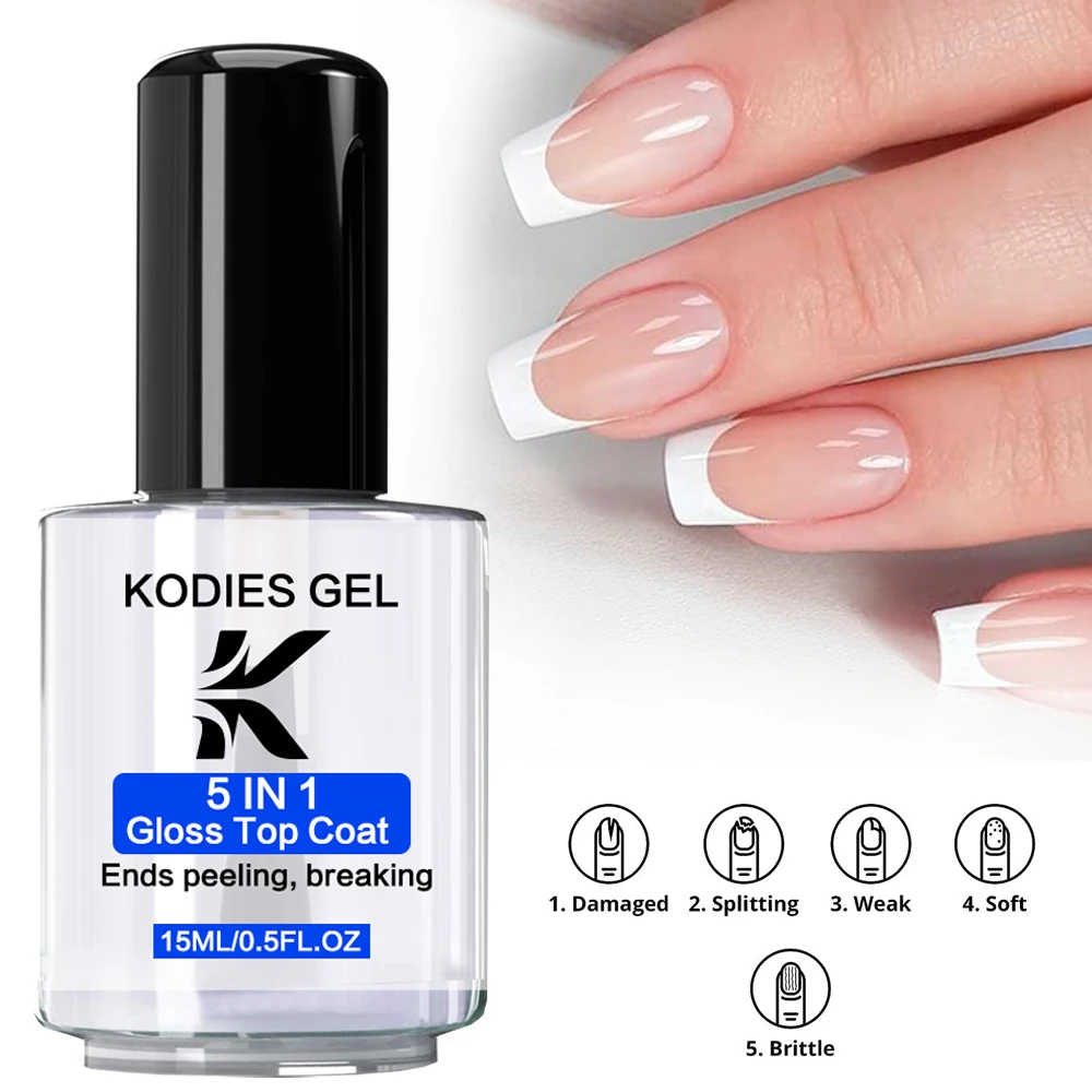 KODIES GEL 5 IN 1 Gloss Top Coat Crescita dello smalto naturale secco Finitura all'olio brillanteRiparazioni forti Indurente per unghie danneggiate Rafforzare