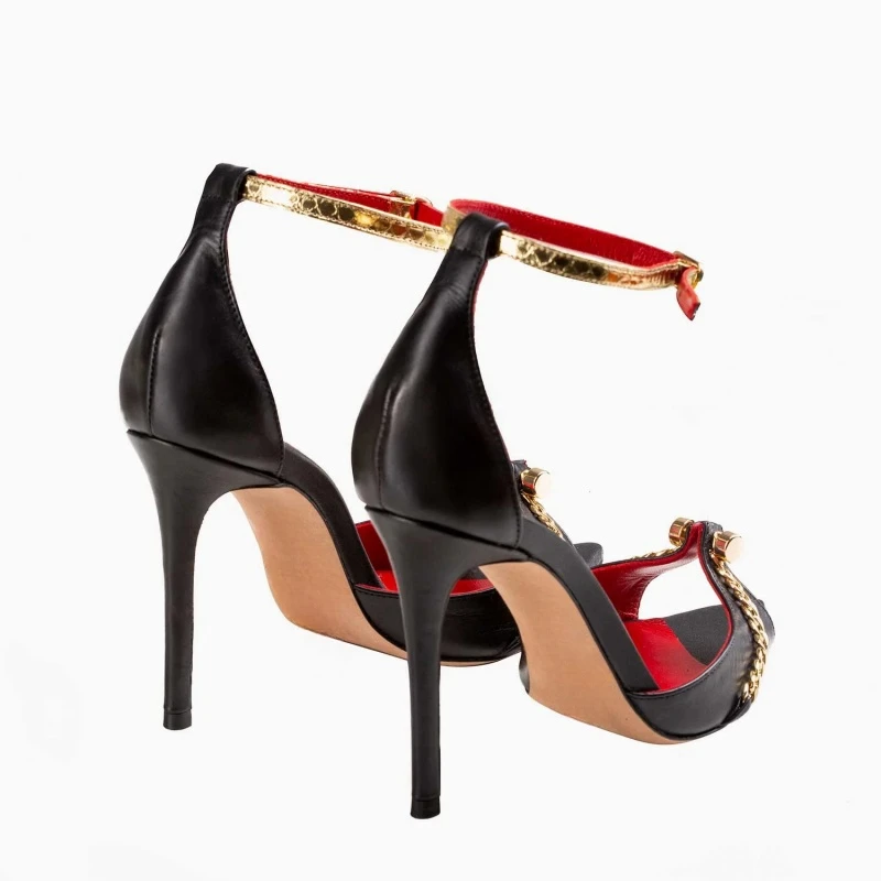

Босоножки на каблуке с металлической цепочкой, женские летние черные кожаные туфли с открытым носком на высоком каблуке с ремешком на щиколотке, пикантные красные банкетные туфли с стелькой