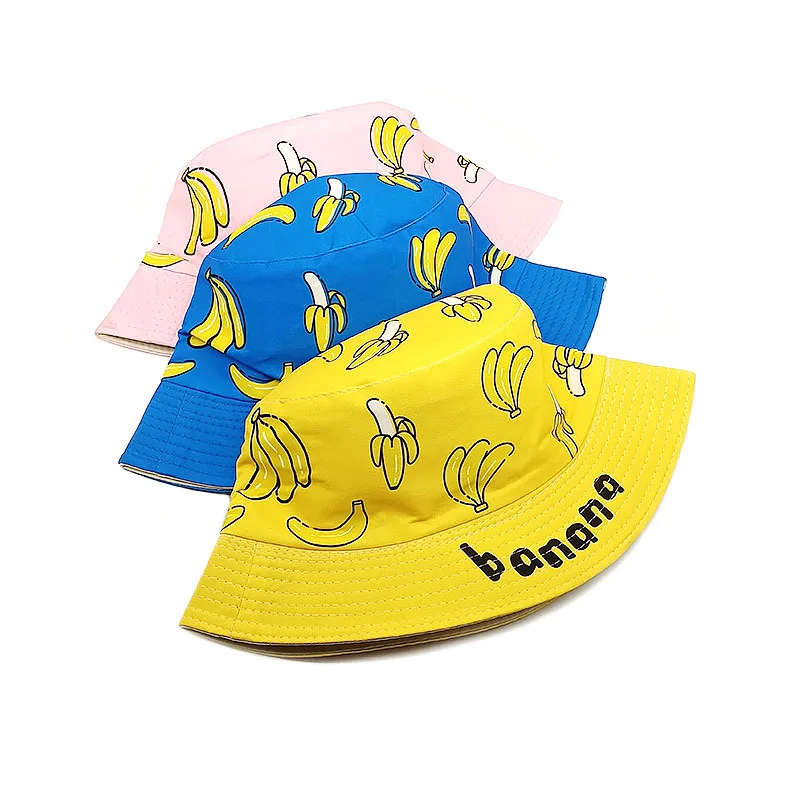 Bocca Banana Pattern Bucket Hat Children Fisherman Hats Cartoon Panama Panama Cap 54cm Boy Girl Kid Double Sides Outdoor Sun Cap