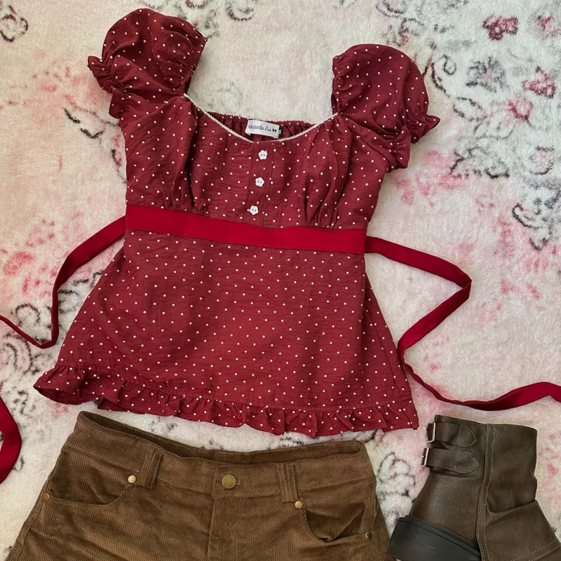 Womens Polka Dots Button Front Tops Puff Sleeve Babydoll Blouse Top Y2K Cute Ruffle Peplum Hem Night Out Shirt Tops