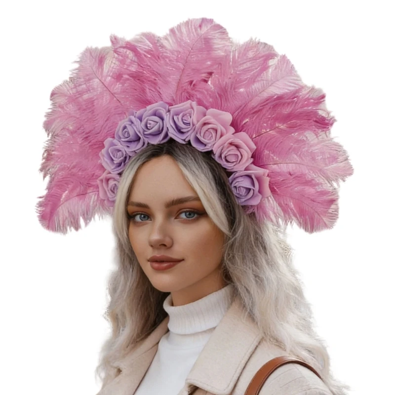  Multiuse Feathered Hairband For Stage Performances Colorful Rose Flower Hairhoop For Theme Party And Carnivals Parades