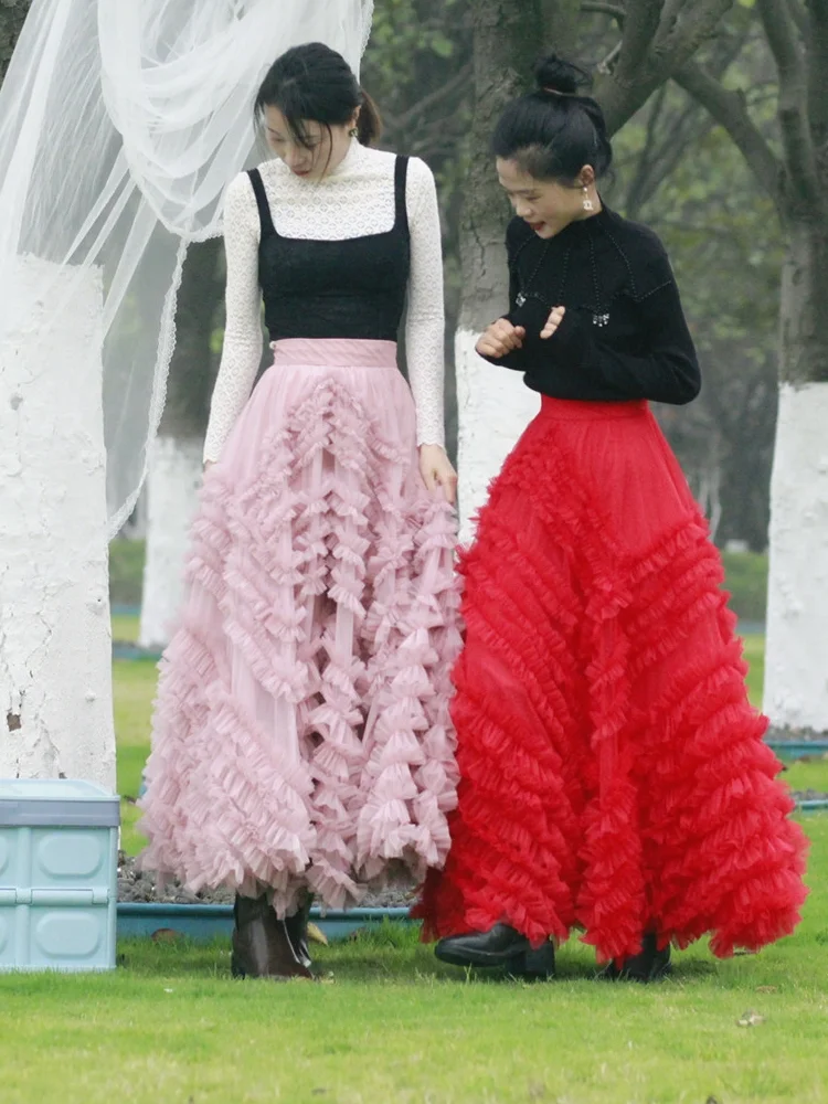 TIYIHAILEY Mesh Women Autumn Spring Long Maxi High Quality Waist Ball Gown Skirts Big Hem Layer 2025 New Ladies