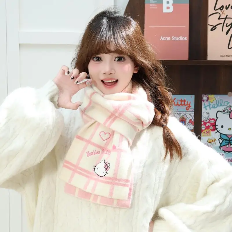 Bufanda Cinnamoroll, bufanda de Hello Kitty, estilo dulce, chica de dibujos animados, estudiante, estilo de invierno al aire libre, bufanda gruesa para mantener el calor a prueba de viento