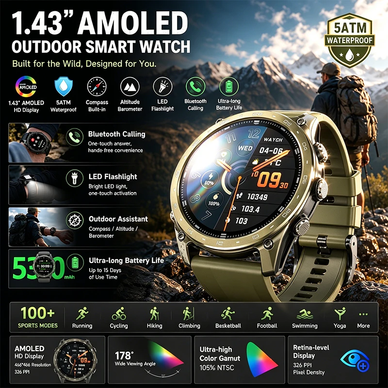 

Outdoor Smart Watch Bluetooth Call LED Flashlight Compass Barometer 530mAh Battery Sleep Monitoring 5ATM Waterproof Health Watch