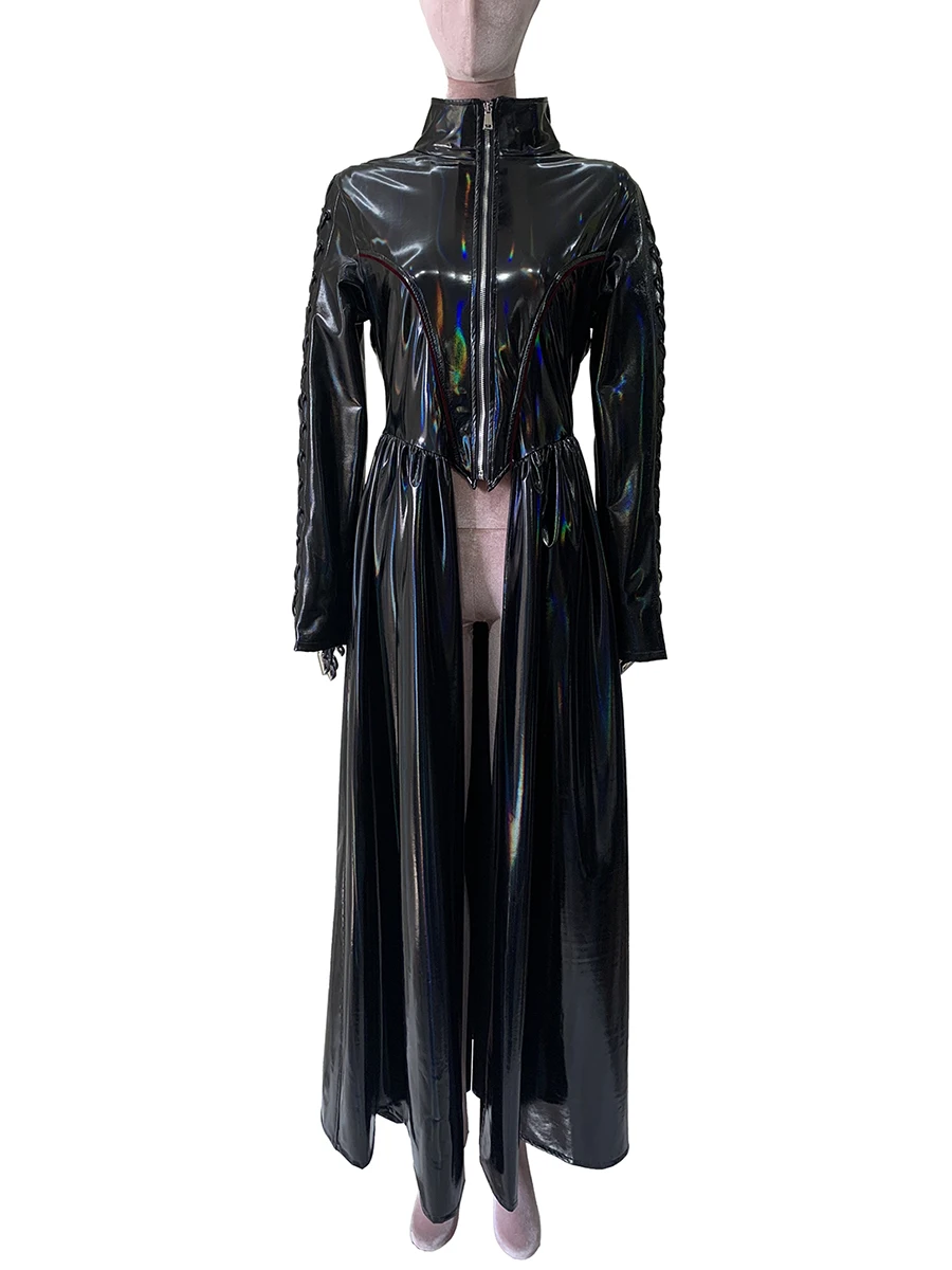 Mauroicardi Autumn Long Thin Soft Shiny Reflective Holographic Black Coat Women Stand Collar Runway Punk Style Lace Up Clothes
