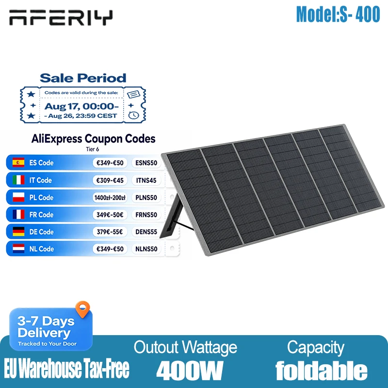 AFERIY 400-W-Solarpanel, 400 W Leistung, Schutzart IP68, wasserdicht, 23 % hohe Umwandlungsrate, effizient, umweltfreundlich, energiesparend, selbstgenerierend, faltbares Solarpanel