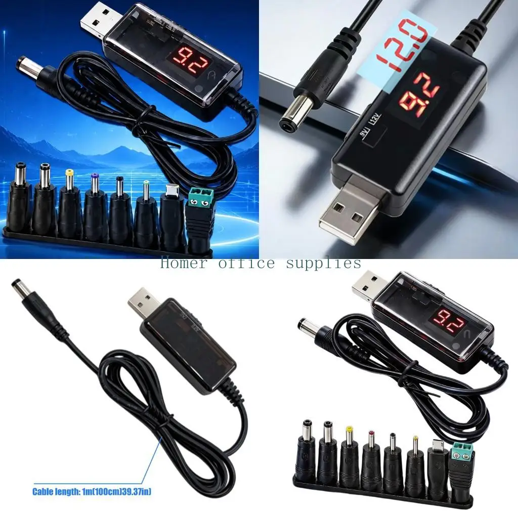 K43B Adjustable DC5V to USB9V 12V Converter Cable for Small Electronics, LED Lights, Daily Backup, Desk, Travel, and Home