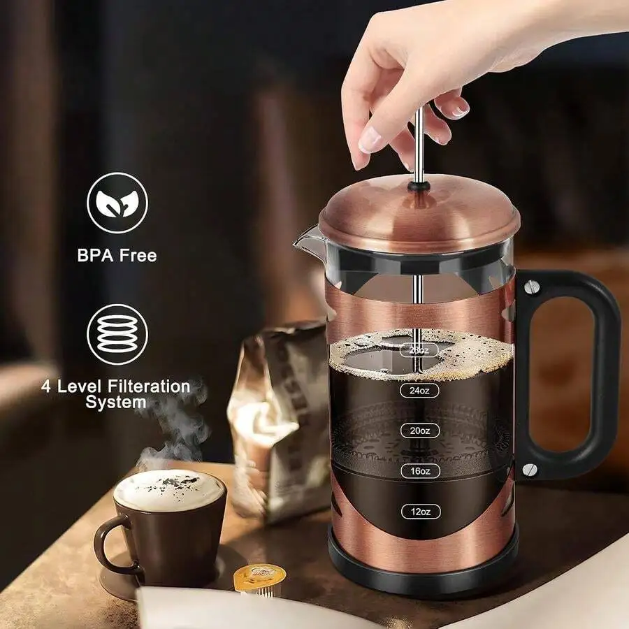 French Press Coffee Maker (34oz 1Quart 5-6Cup) Coffee Press, With 4 Filters System, Heat Resistant Thickness Borosilicate Glass,