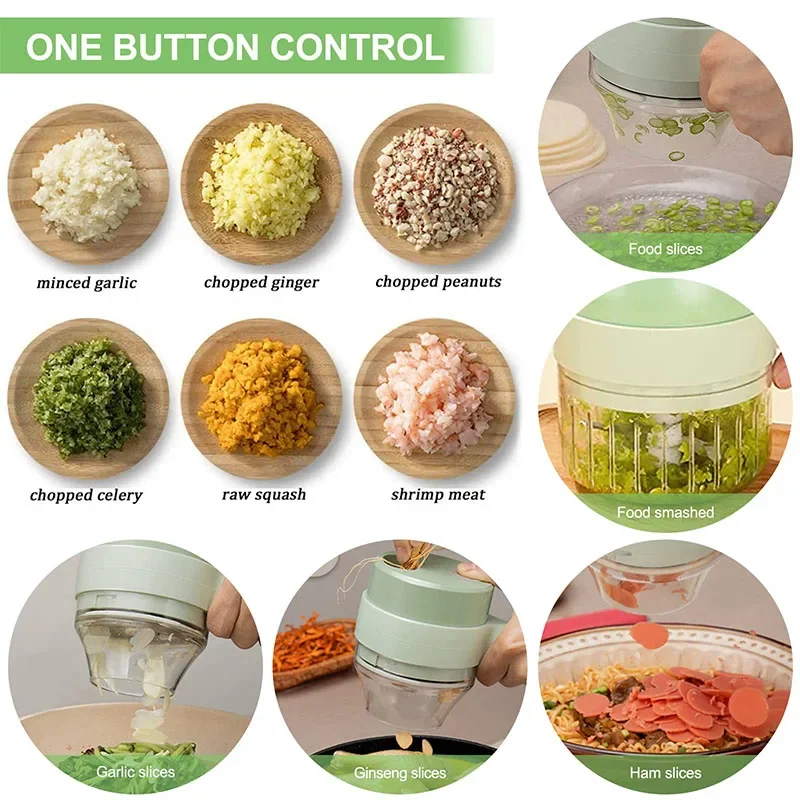 4in1 Electric Vegetable Cutter Handheld Garlic Chopper Set For Pepper Chili Onion Ginger Meat With Brush Kitchen Tools