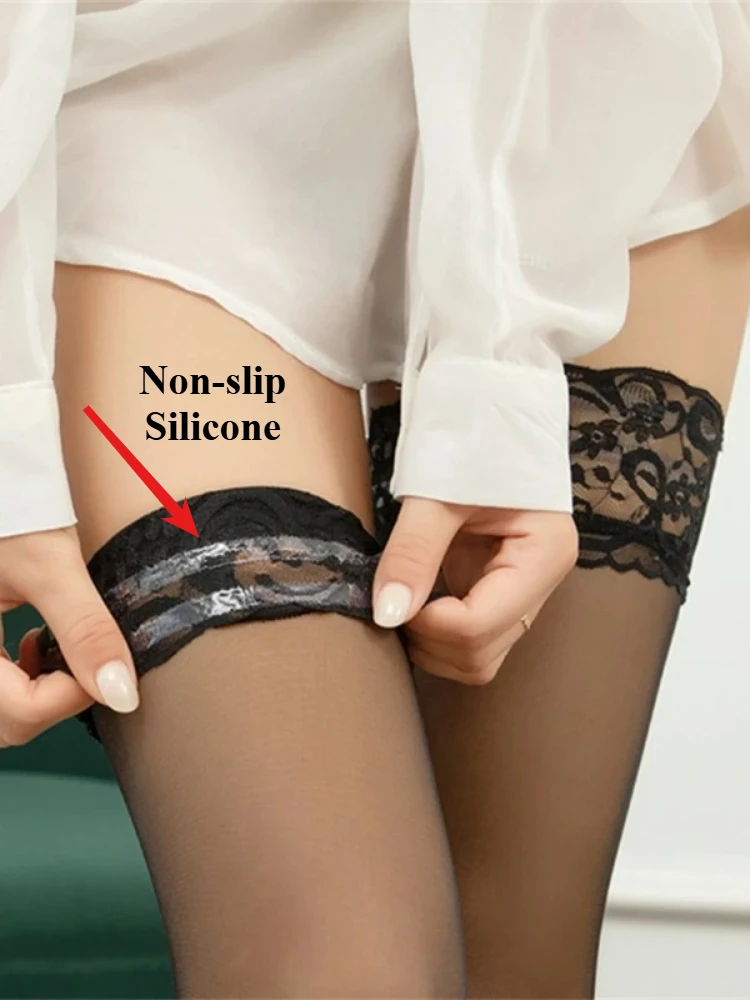 1Pair Women Sexy Black Lace Stockings Thin Transparent Thigh High Socks Silicone Non-slip Cuff Long Sock Slim-fit Silk Stockings